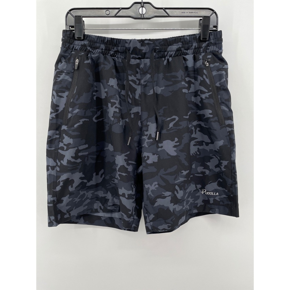 Pudolla Athletic Gym Shorts Mens Small Black Camo‎ Zipper Pockets Performance 7"